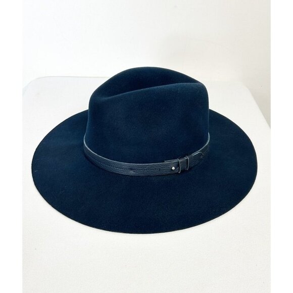 Rag & Bone Leather Trim Wool Wide Floppy Brim Fedora Hat In Blue - Sz L - Picture 2 of 8